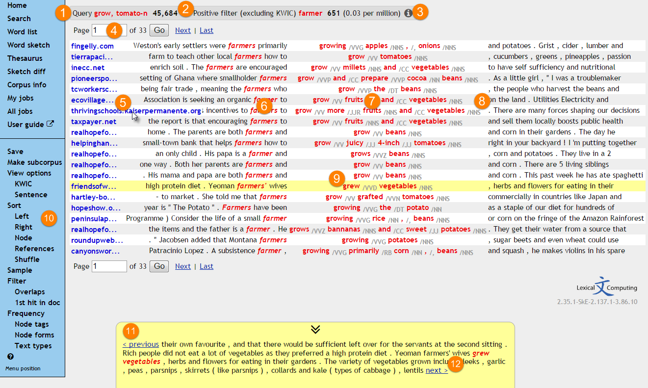 description of the concordance search result screen